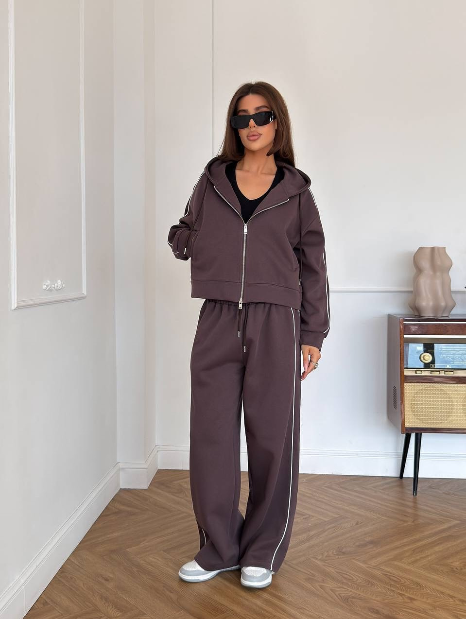 Women's Striped Two-Piece Set with Long Sleeve Zip Cardigan and Tie Pants