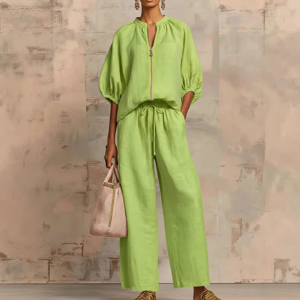 Women's Casual Solid Zip Round Neck Wide-Leg Pants Set