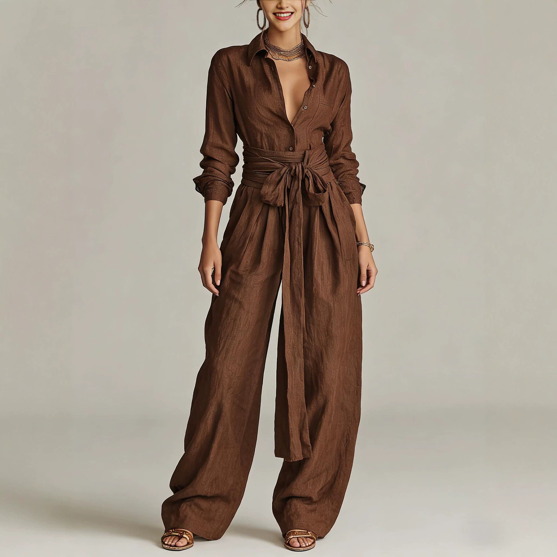 Solid Color Vintage High-Waist Tie-Waist Wide-Leg Jumpsuit