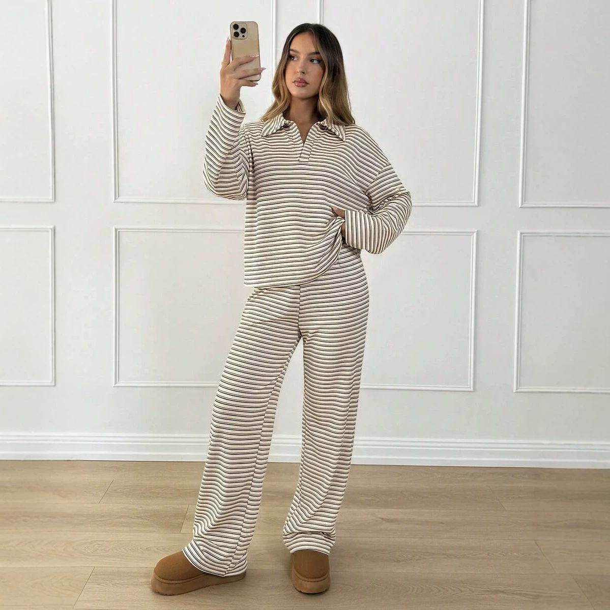 Color-Block Striped Collared Long-Sleeve Top & Wide-Leg Pants Loungewear Set
