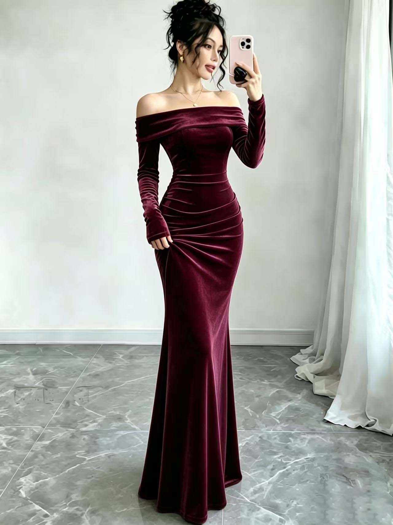 Gold Velvet Off-Shoulder Long Sleeve Bodycon Maxi Dress