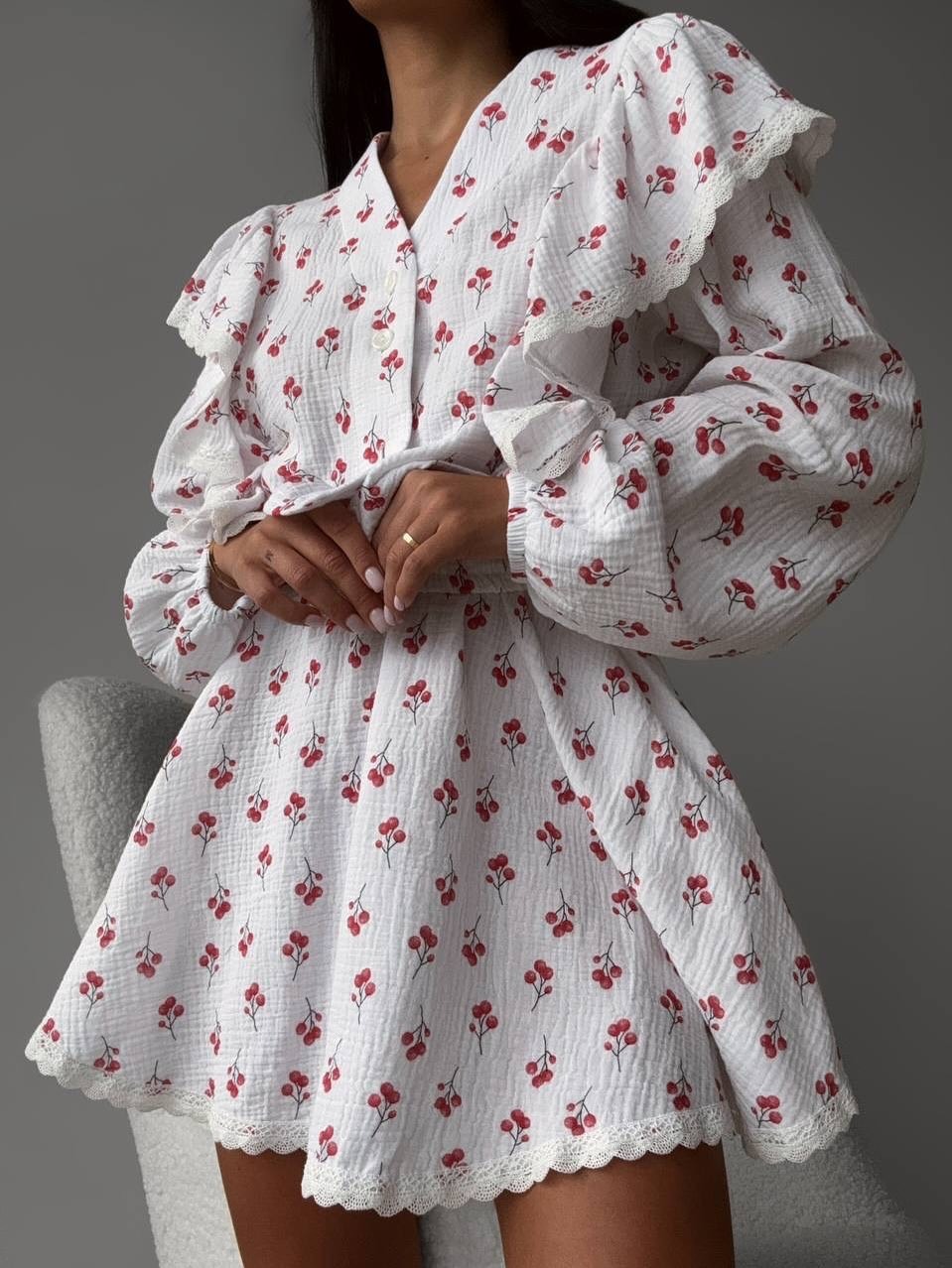 Heart Print Puff Sleeve Lace-Up Short Shirt and Sweet Skirt Set