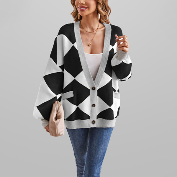 V-Neck Argyle Color-Block Loose Knit Cardigan