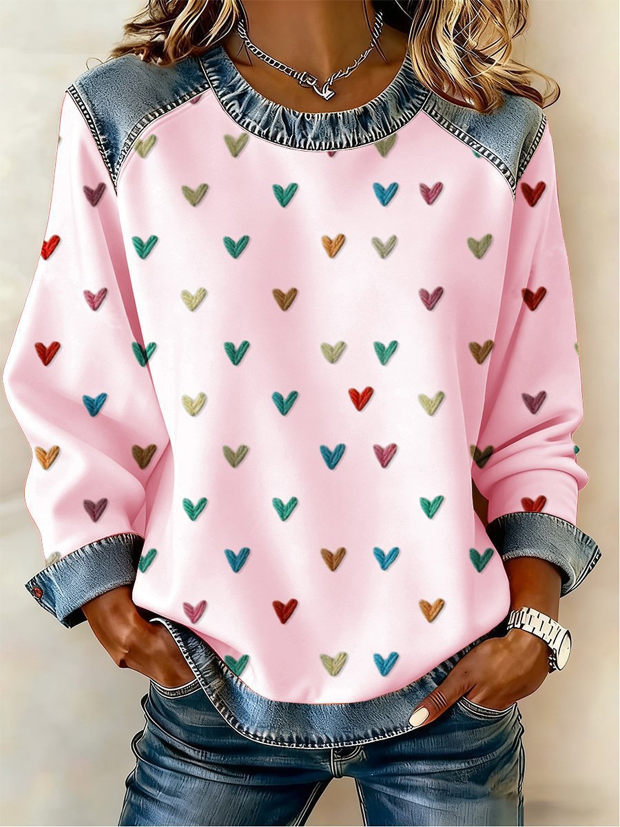 Women's Heart Polka Dot Letter Print Crewneck Sweatshirt