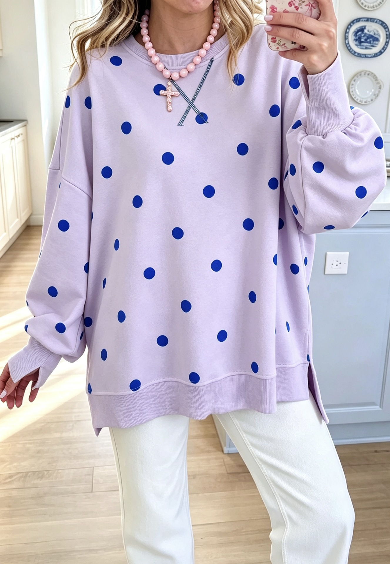 Polka Dot Print Long Sleeve Pullover Sweatshirt Loose Casual Shirt