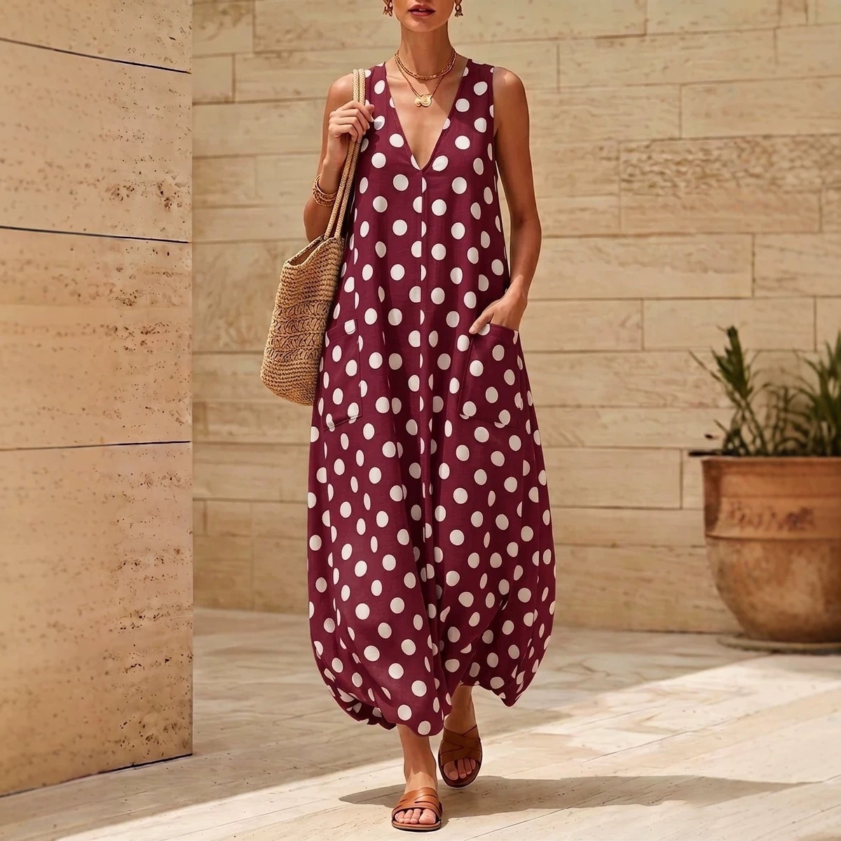 Retro Polka Dot V-Neck Loose Dress with Pockets Sleeveless Bubble Hem