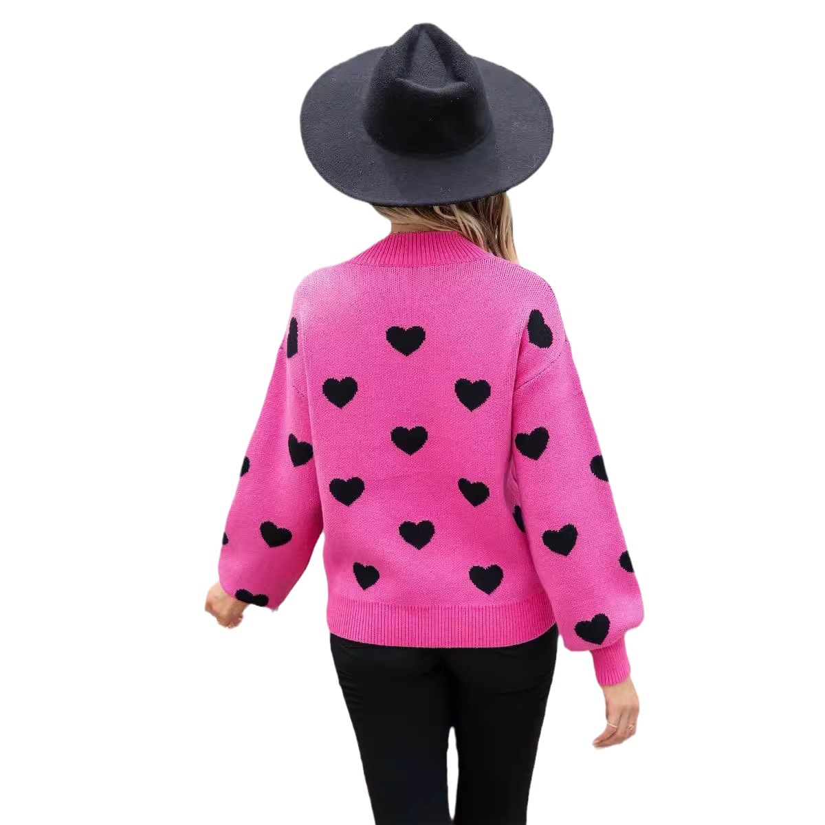 Women's Heart Knit Sweater Crew Neck Long Sleeve Pullover