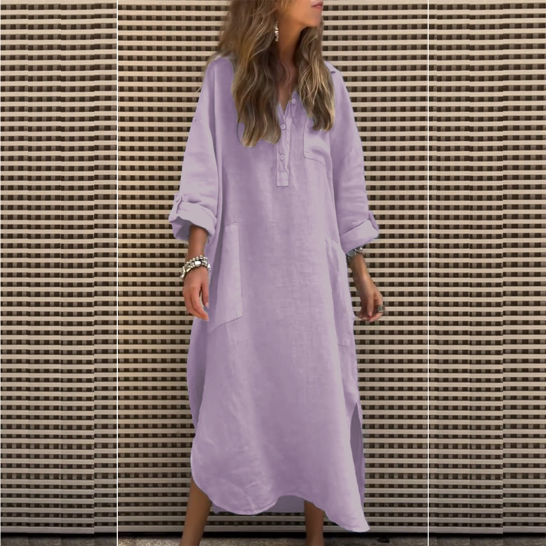 Women's Summer Slit Shirt Dress Solid Color Button-Down Midi Dress
