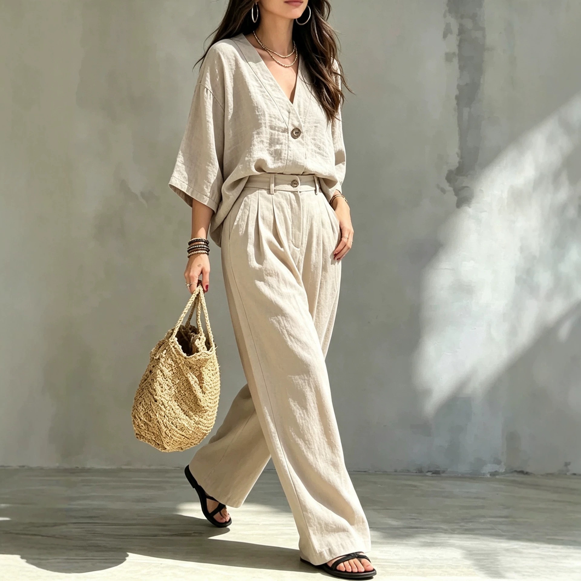 Women's V-Neck One-Button Loose Long-Sleeve Top & High-Waist Suit Pants Two-Piece Set