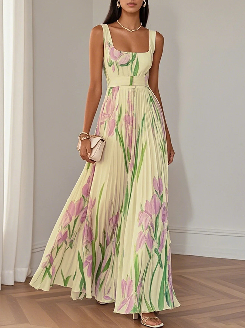 Women's Sleeveless Floral Midi Dress Digital Print Pleated A-Line
