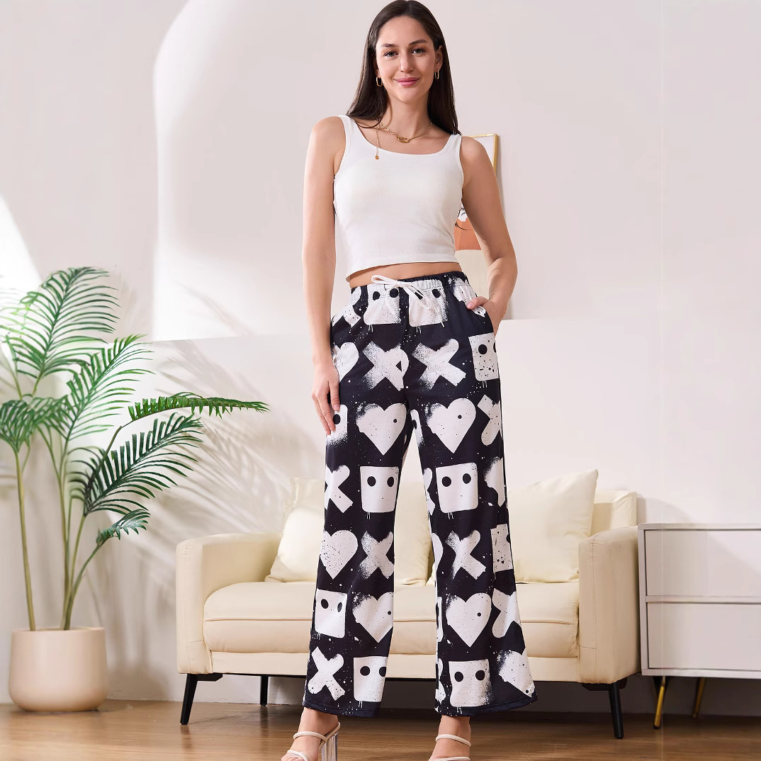 Women's Lightweight Printed Wide-Leg Lounge Pants with Elastic Waist