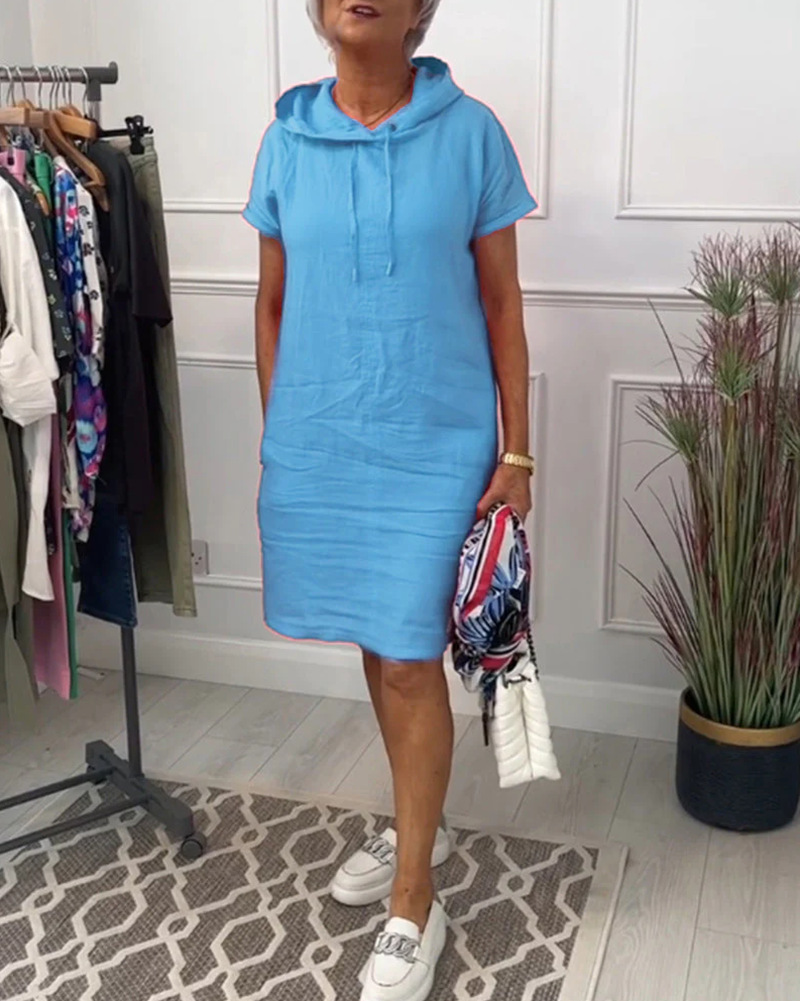 Women's Casual Solid Short Sleeve Hooded Pocket Dress