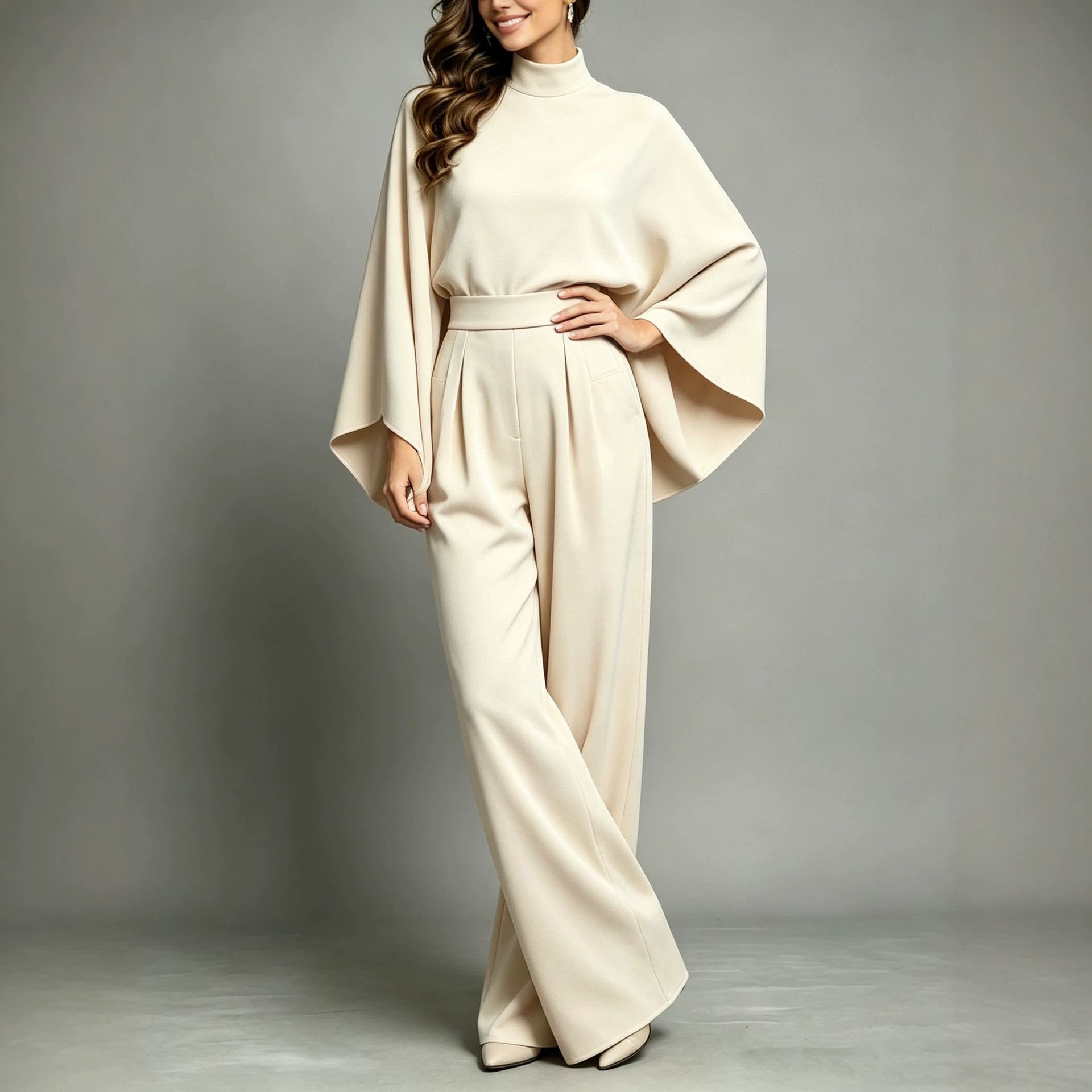 Women's Half-Turtleneck Wide-Leg Two-Piece Set, Long-Sleeve Knit Top and Pants, Loose Fit