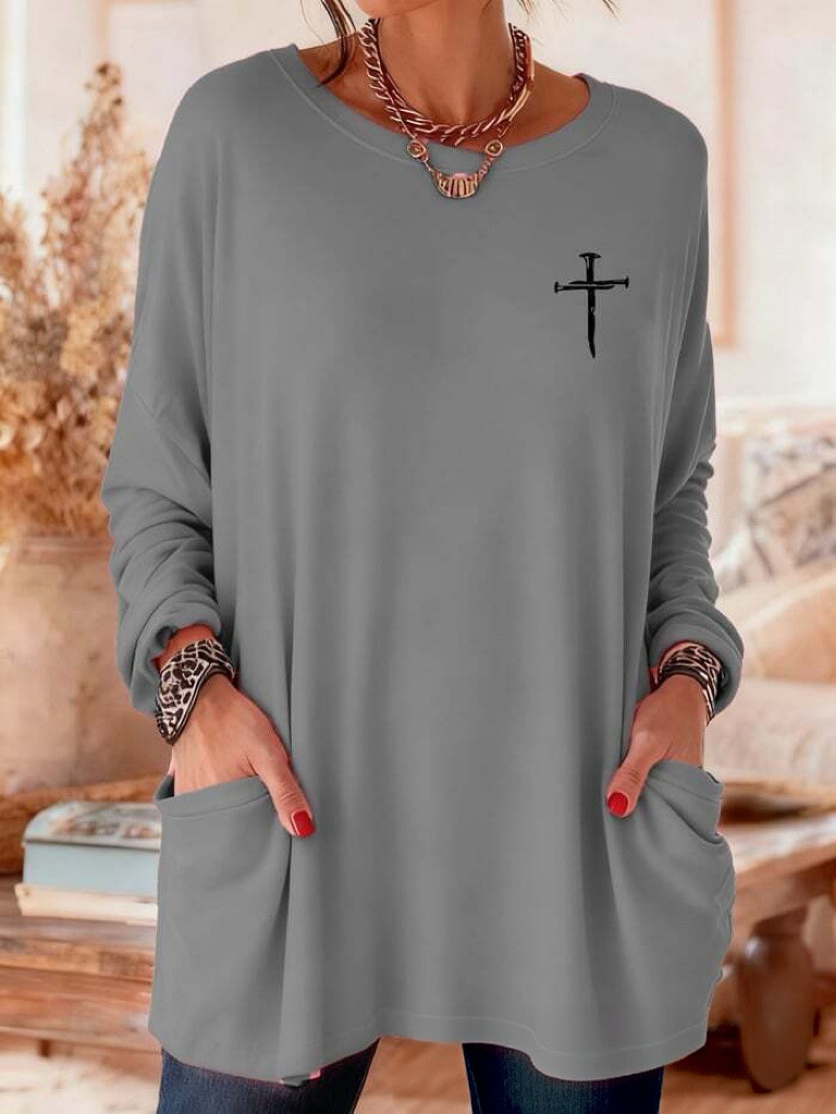 Women's Cross Print A-Line Midi Dress Long Sleeve Crew Neck Casual