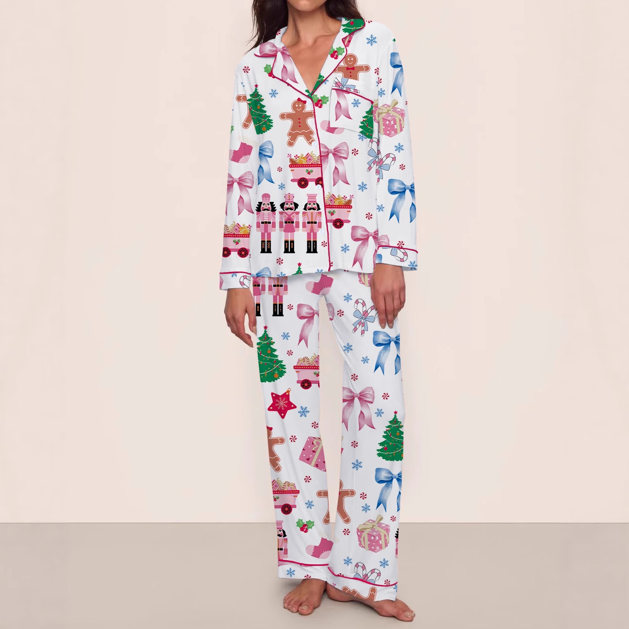 Women's Cuban Collar Tree Ribbon Bus Print Long Sleeve Shirt Set