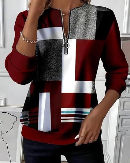 Retro Plaid Colorblock Print Half-Zip Hoodie for Women