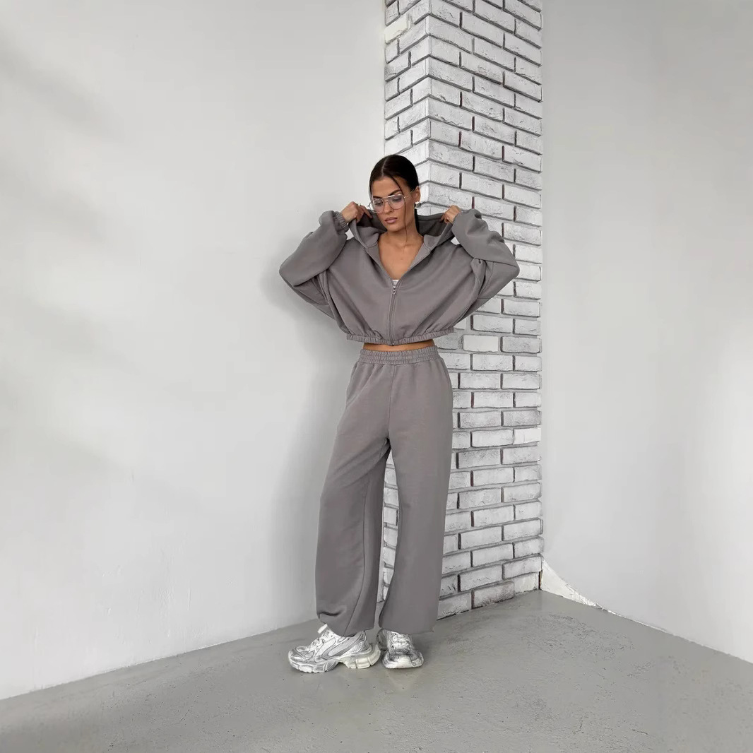 Women's Solid Color Zip-Up Hoodie and Jogger Pants 2-Piece Set