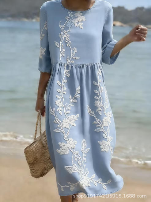 Women's Floral Print Ruched Midi Dress with Half Sleeves