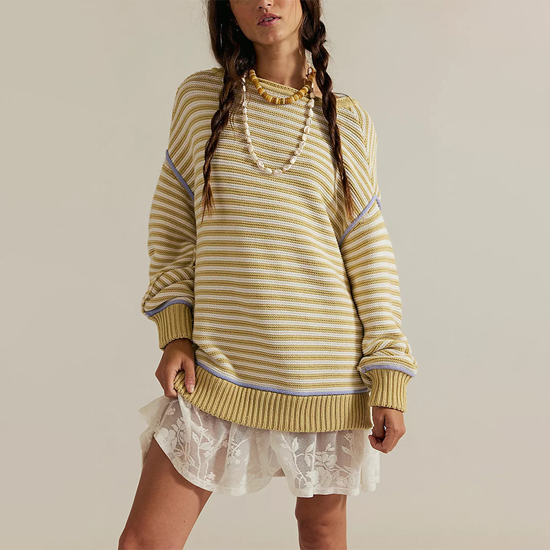 Striped Knit Sweater Crewneck Pullover Loose Long Sleeve