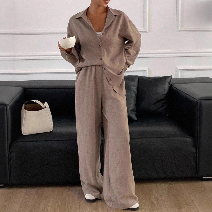 Casual Cotton-Linen Long-Sleeve Shirt and Pants Two-Piece Set