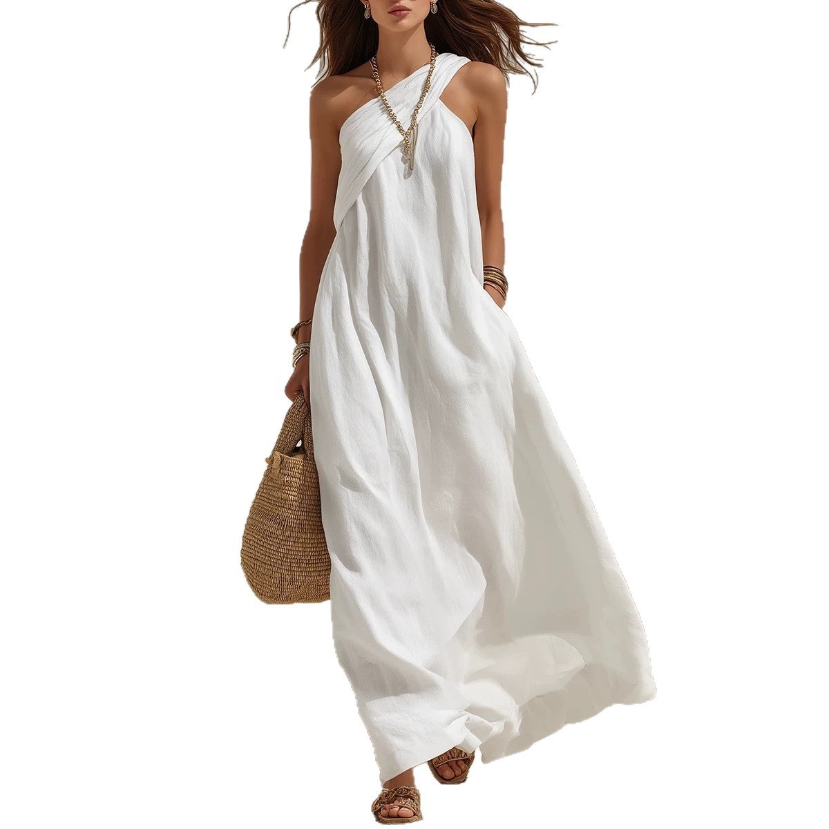 Women's Sleeveless One-Shoulder Open-Back Solid Color Maxi Dress