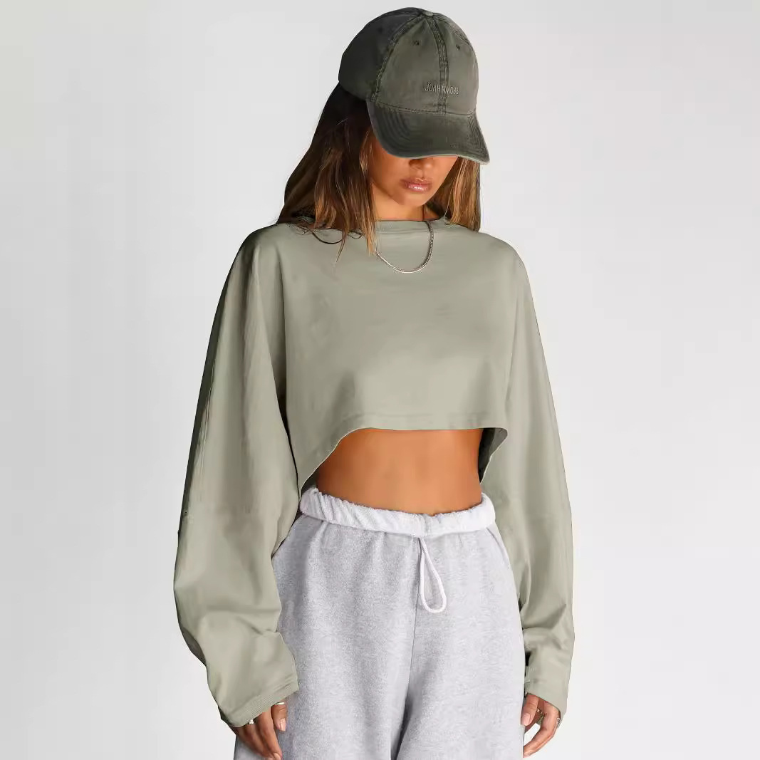 Women's Cropped Crewneck Sweatshirt Knit Long Sleeve Top