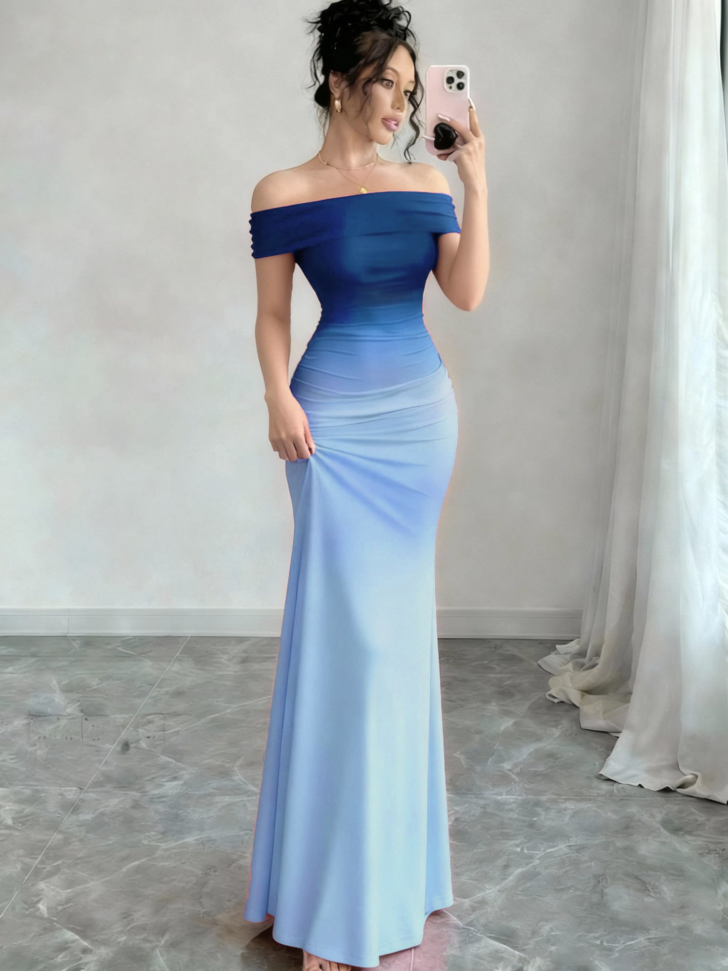 Gradient Off-Shoulder Bodycon Long Dress