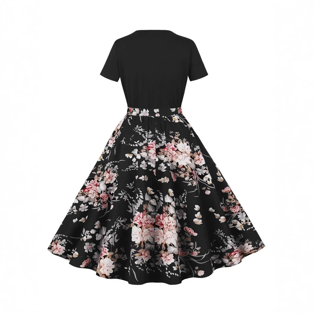 Women's Vintage Patchwork Midi Dress with Print, Round Neck Short Sleeve