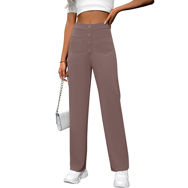 High-Waist Wide-Leg Button Pants with Pockets Casual Straight-Leg Trousers