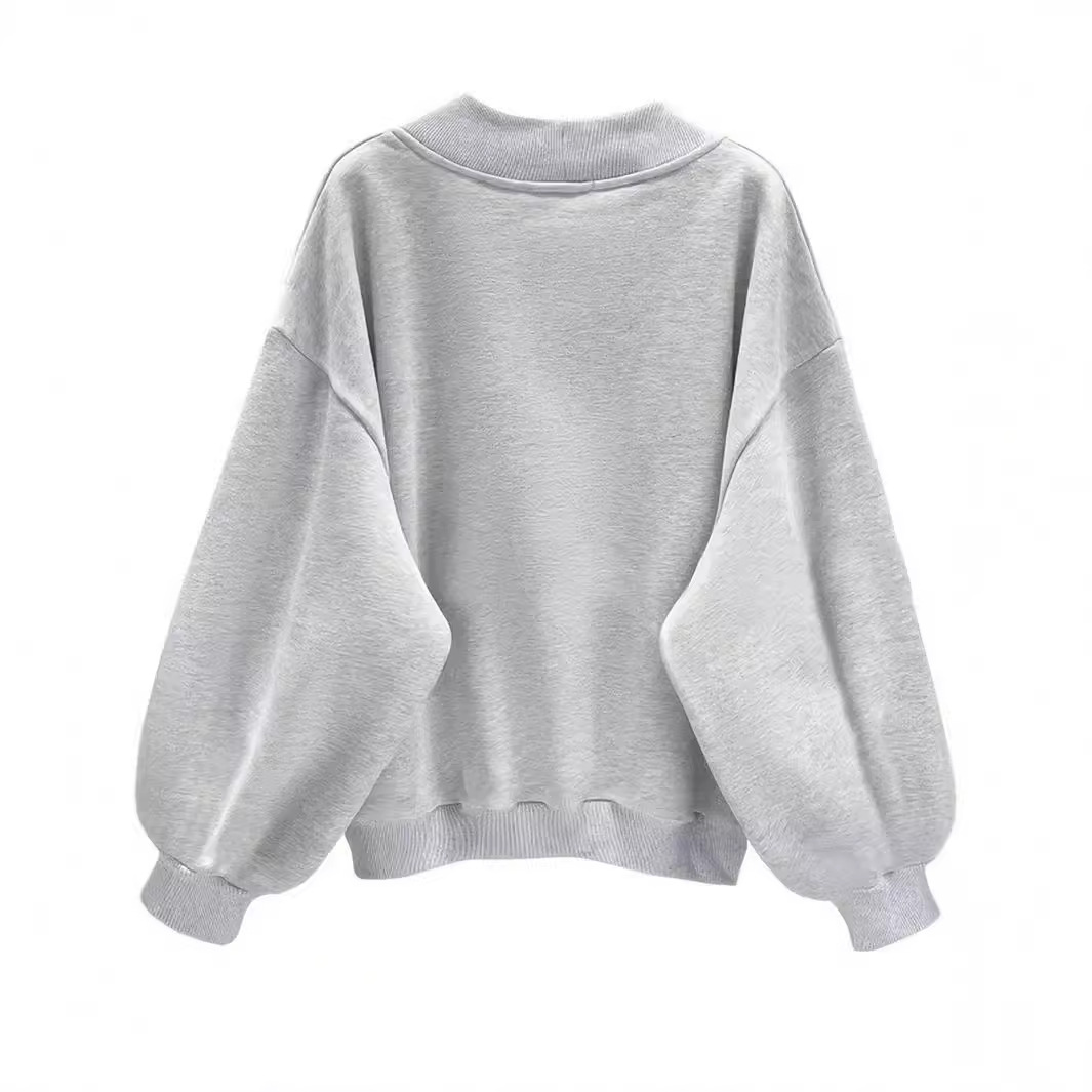 Gray V-Neck Pullover Sweatshirt Women's Loose Casual