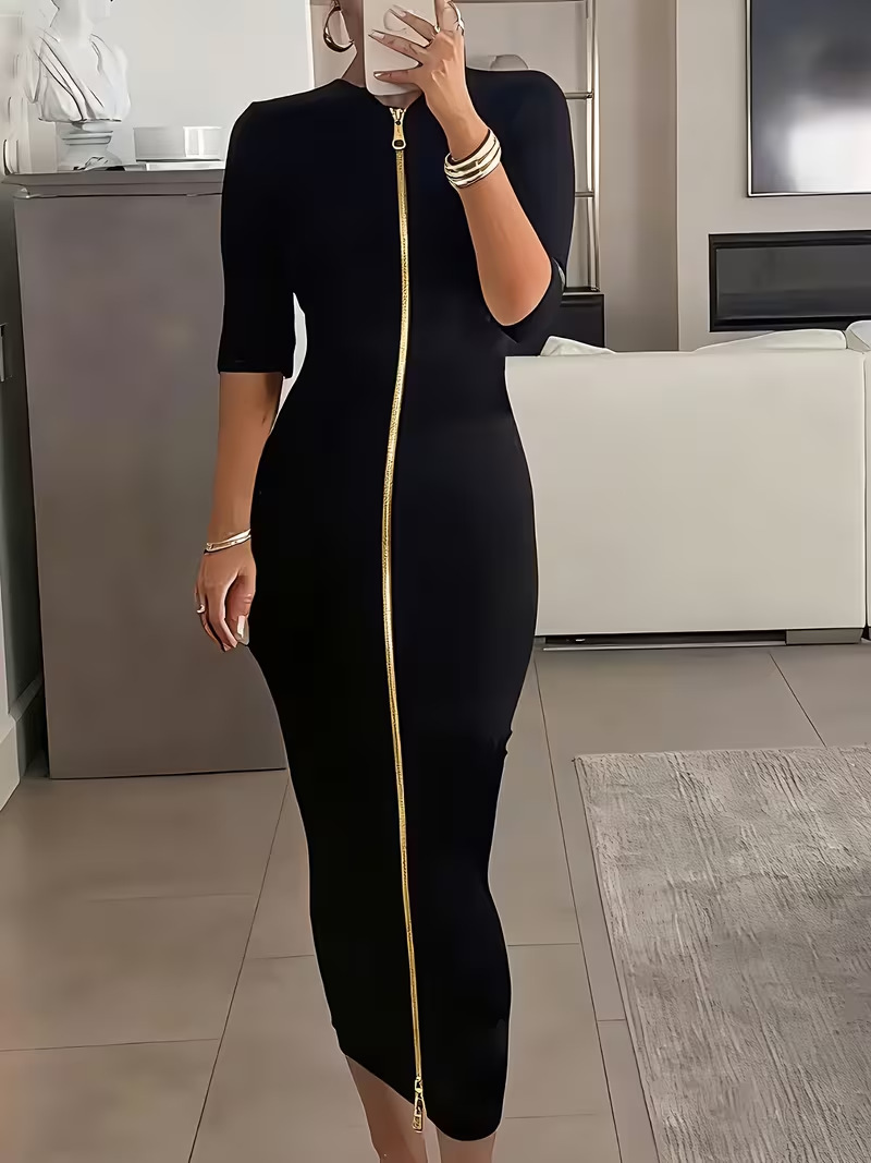 Women's Sexy Bodycon Midi Dress with Zip Short Sleeve