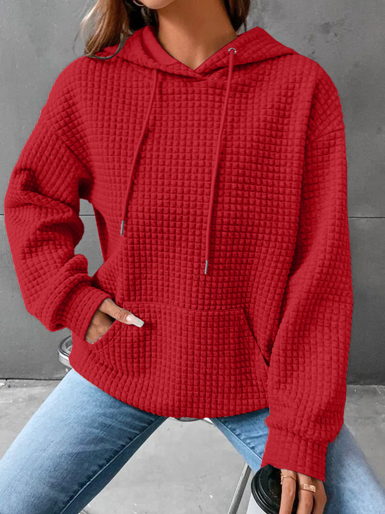 Women's Waffle Knit Crewneck Long-Sleeve Sweatshirt Solid Color