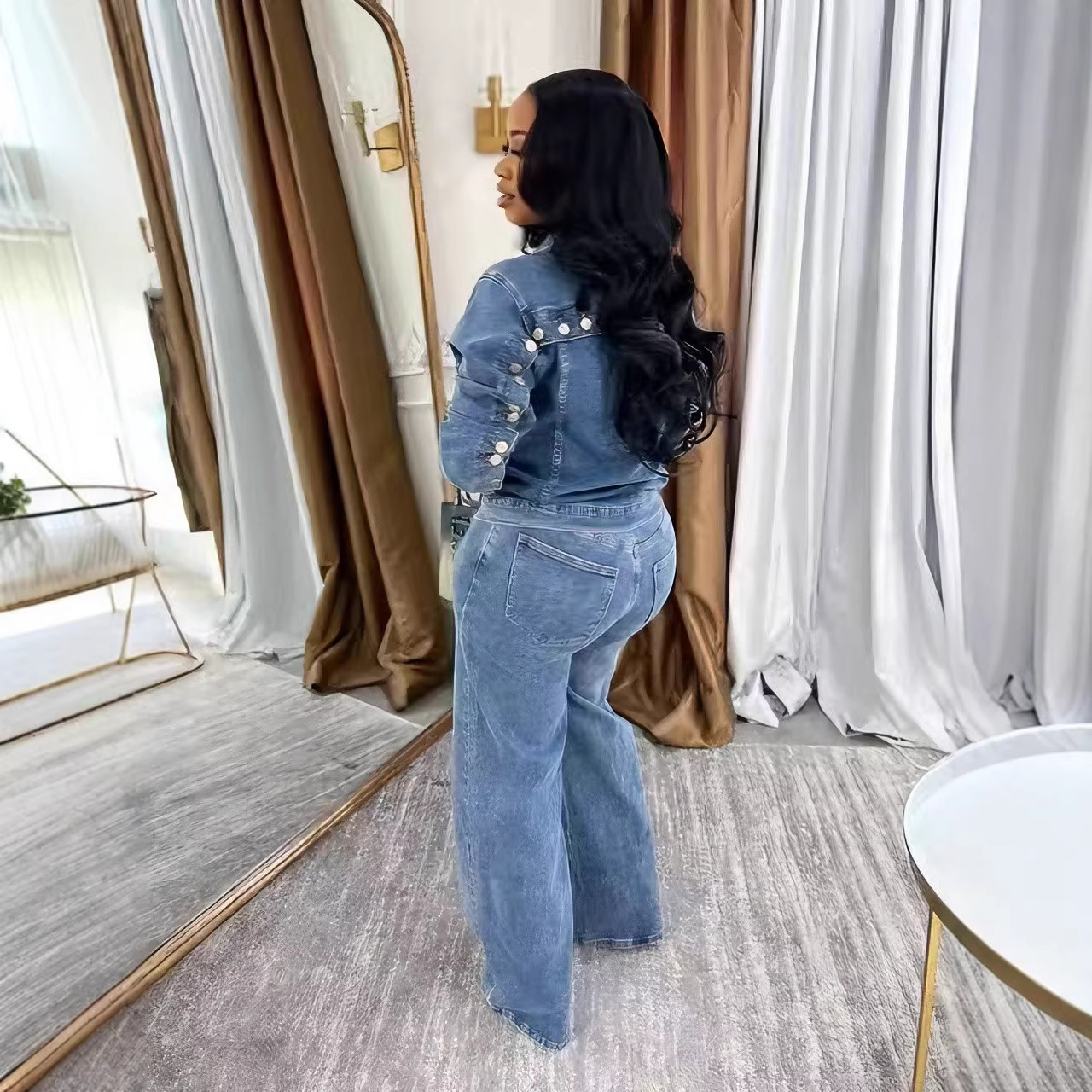 Women's High-Stretch Button-Front Washed Denim Two-Piece Set