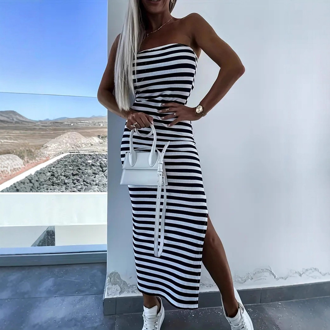 Striped Knit Strapless Bodycon Midi Dress with Slit