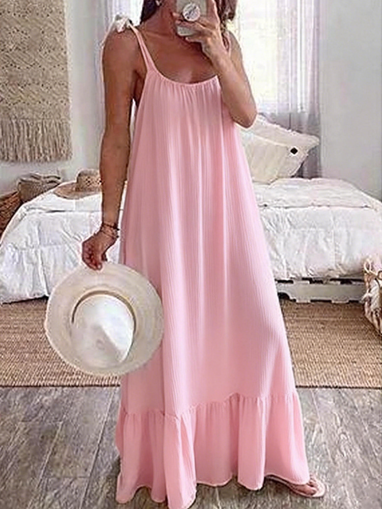 Women's Casual U-Neck Ruched A-Line Long Dress