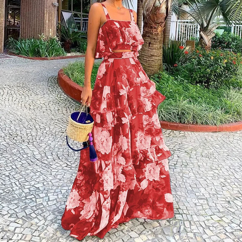 Women's Summer Vacation Print Two-Piece Cami and Tiered Skirt Set
