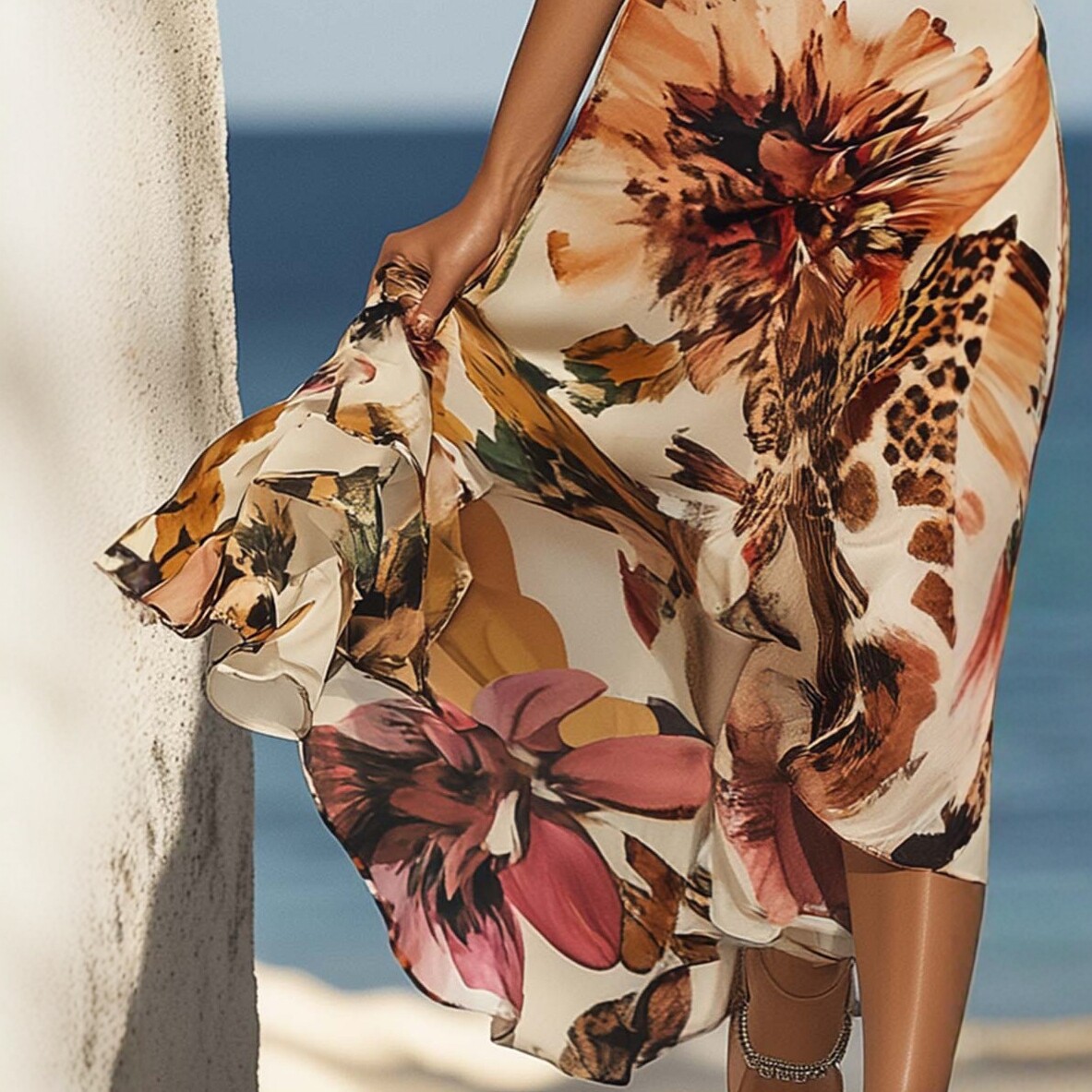 Leopard Print V-Neck High-Waist Slit Cami Dress