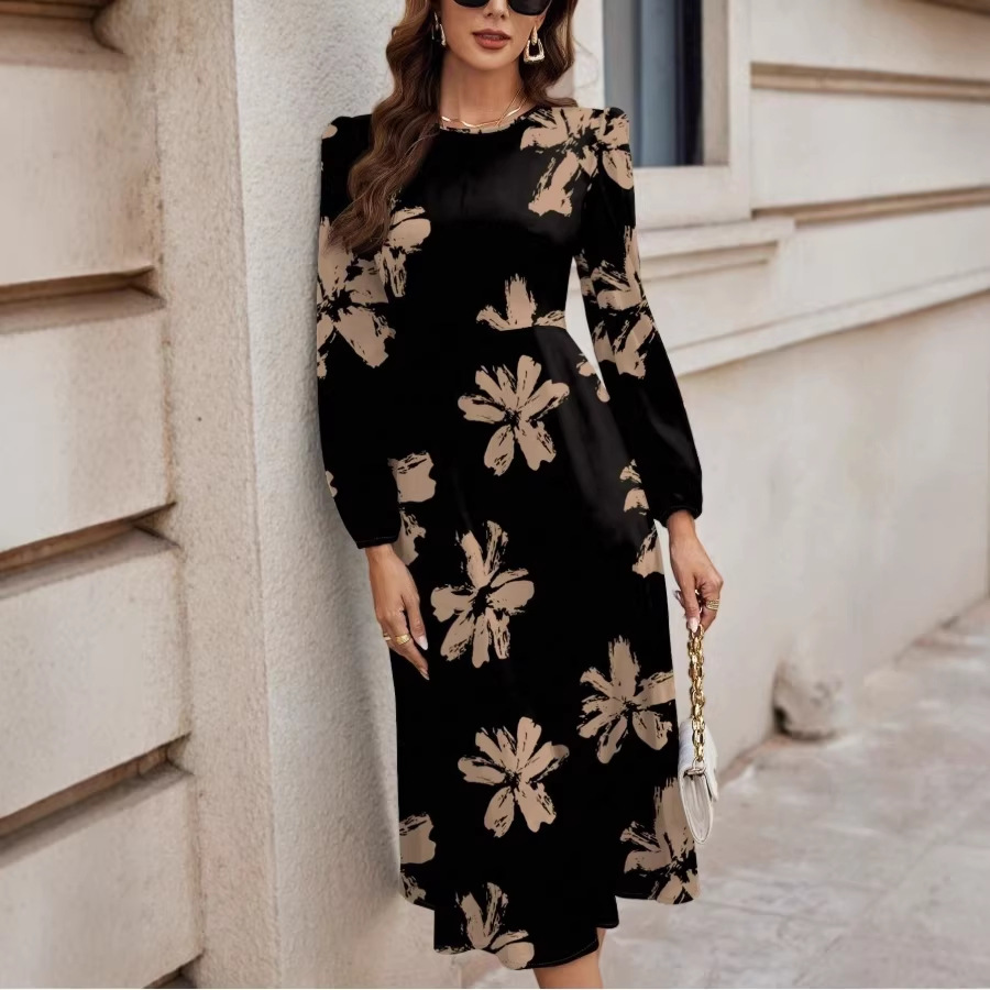 Floral Print Knit A-Line Long Dress Crew Neck Long Sleeve