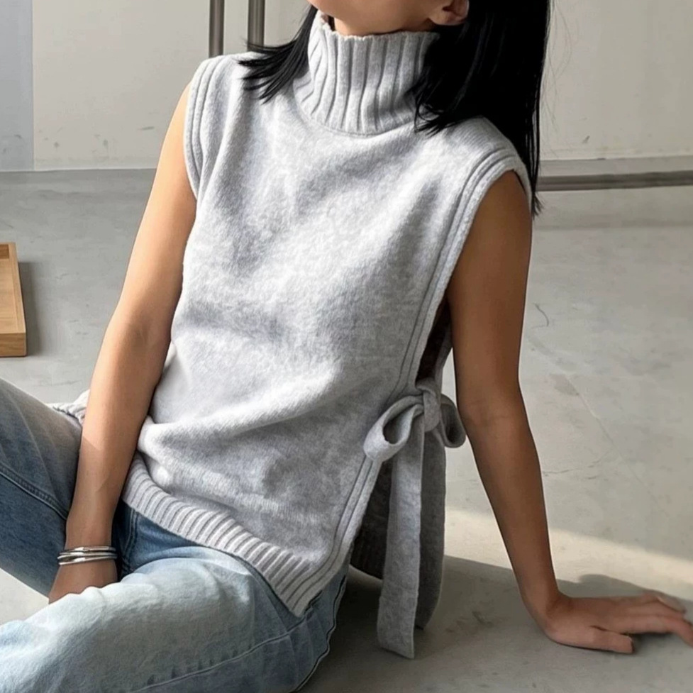 Tie-Waist High-Neck Sleeveless Knit Vest Top