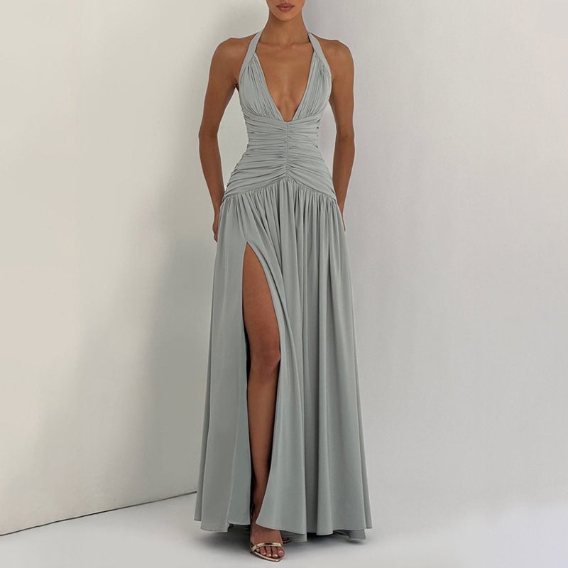 French-Style Deep V Slit Solid Color Dress