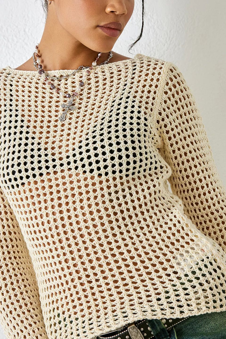 Women's Summer Crewneck Long Sleeve Hollow Out Knit Top Loose Casual Sun Protection Shirt