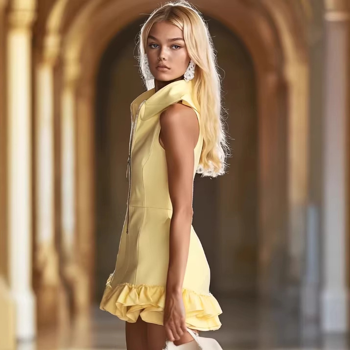 Yellow Hooded Sleeveless Mini Dress with Front Zip and Ruffle Trim