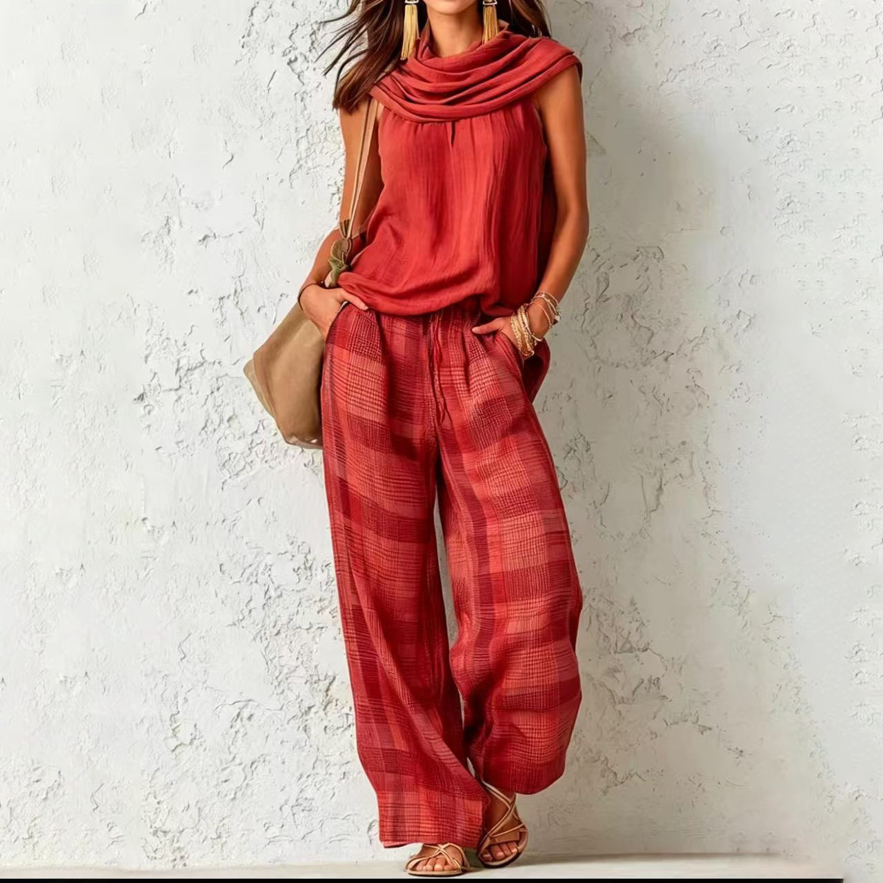 Women's Retro Sleeveless Top and Plaid Pants Set
