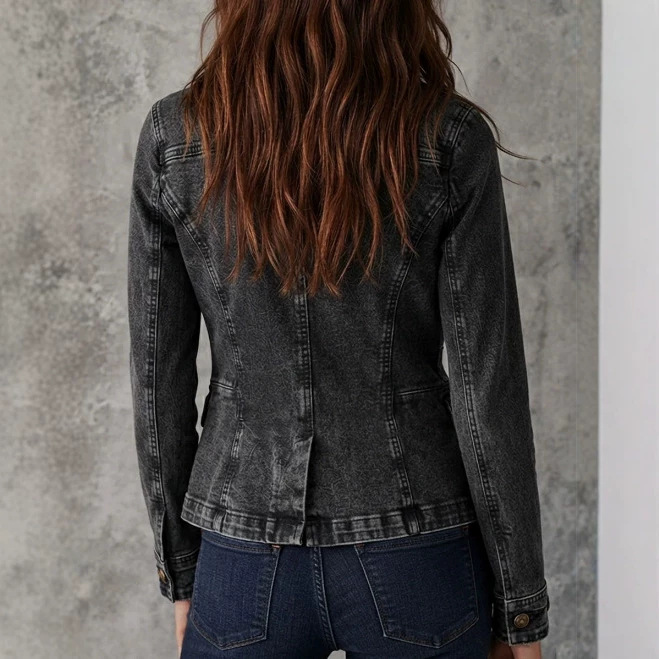 Retro Washed Denim Double-Breasted Collared Jacket