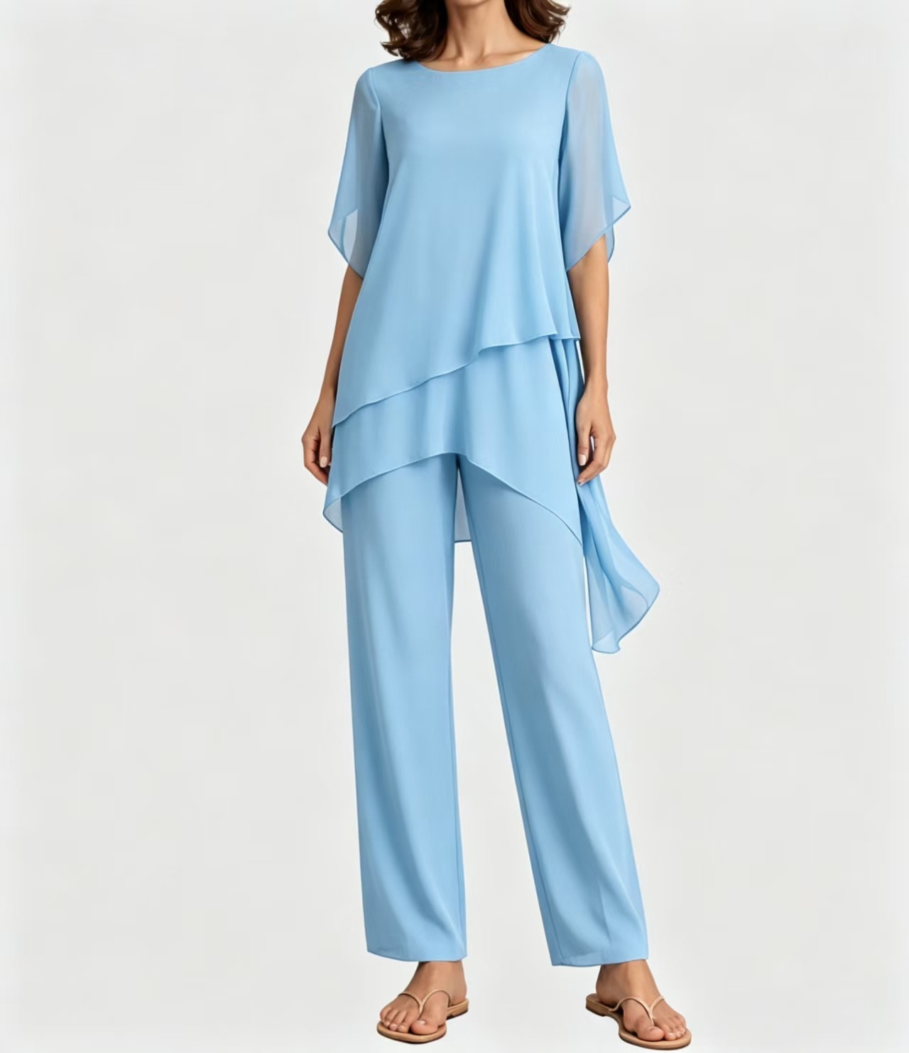 Women's Chiffon Short Sleeve Solid Color Loose Irregular Two-Piece Pant Set