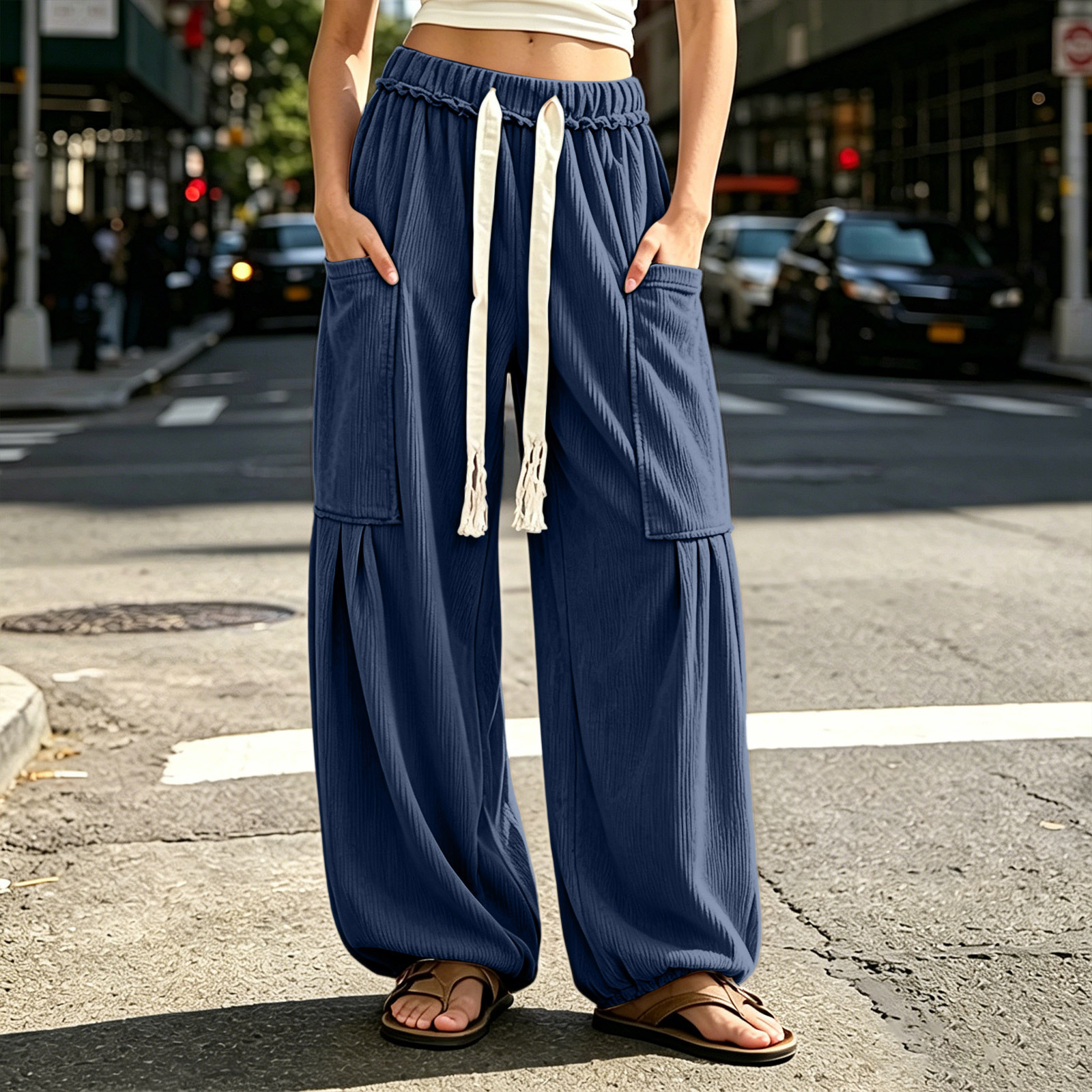 Women's Corduroy Cargo Pants Drawstring Elastic Waist Multi-Pocket Loose Tapered