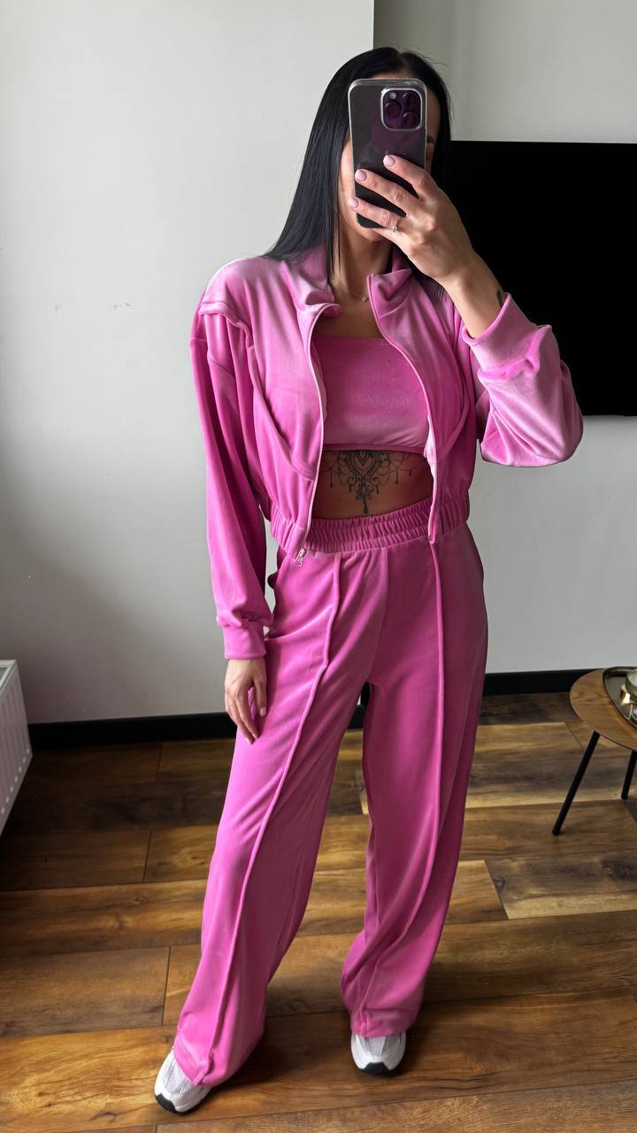 Women's Solid Velvet Stand-Collar Long-Sleeve Three-Piece Pants Set