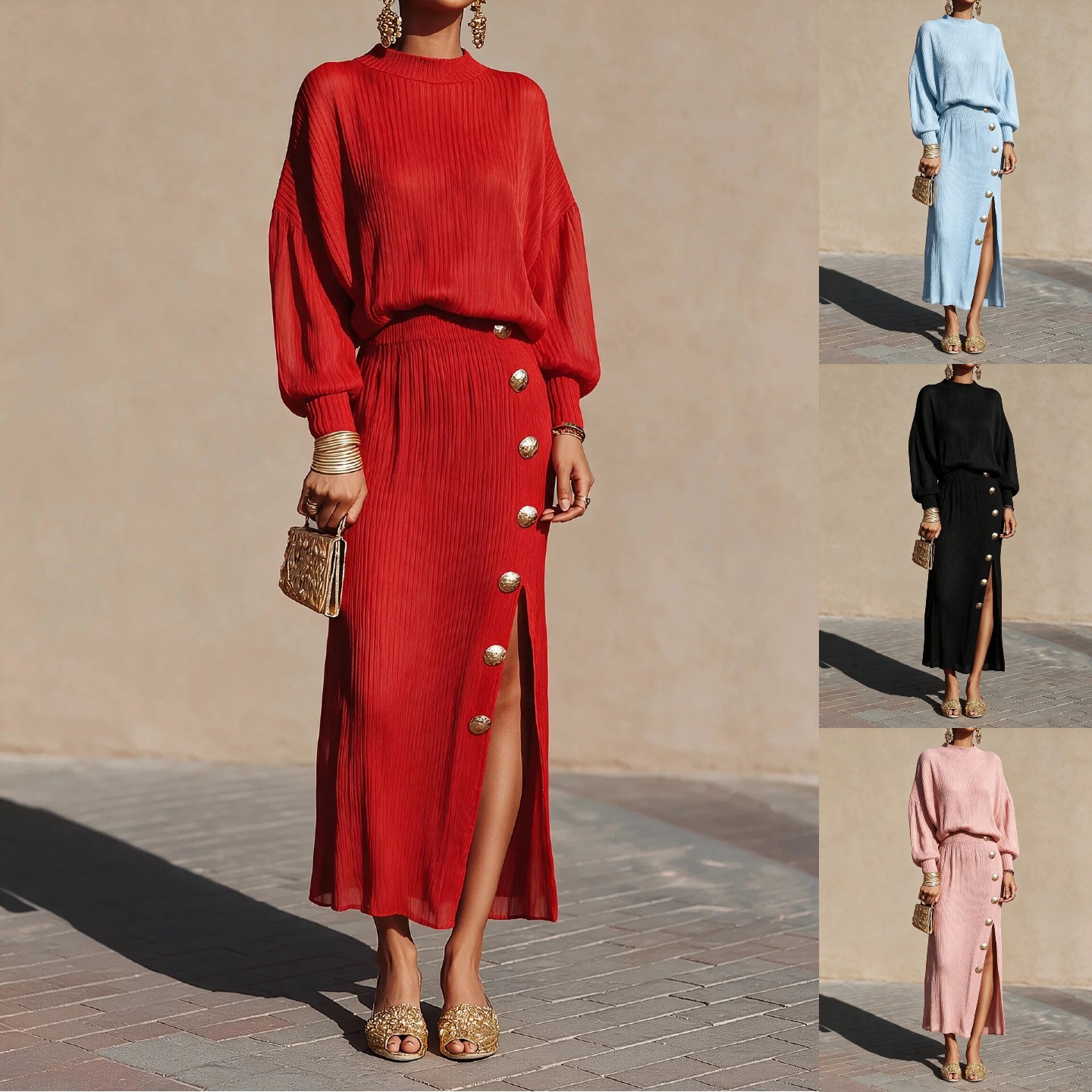 Women's Solid Pleated Knit Long-Sleeve Top and Button Slit Skirt Two-Piece Set