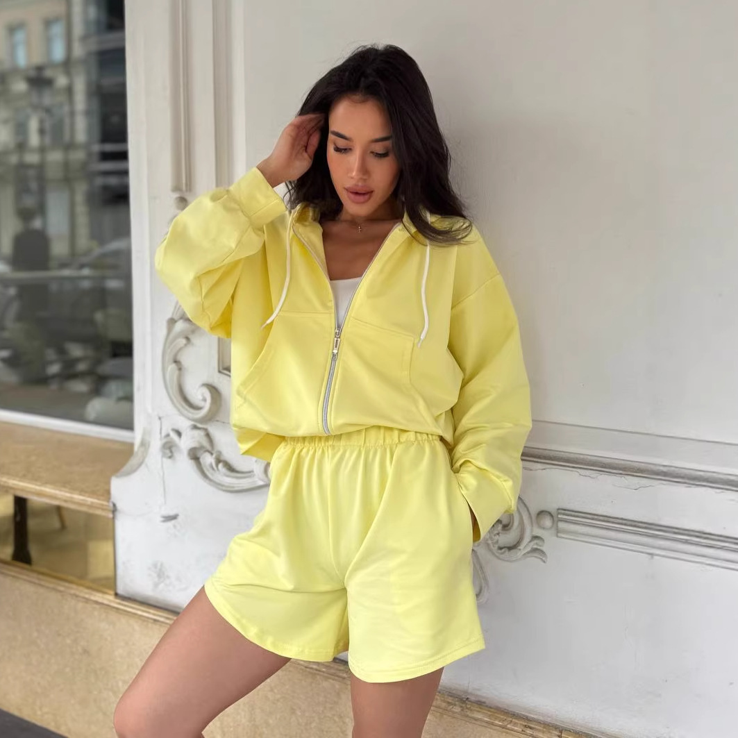 Women's Long-Sleeve Hooded Top and Shorts Two-Piece Set