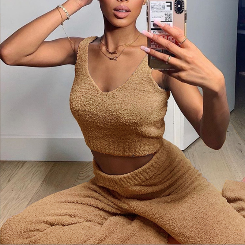Fuzzy Knit V-Neck Crop Tank and Pants Two-Piece Sweater Set